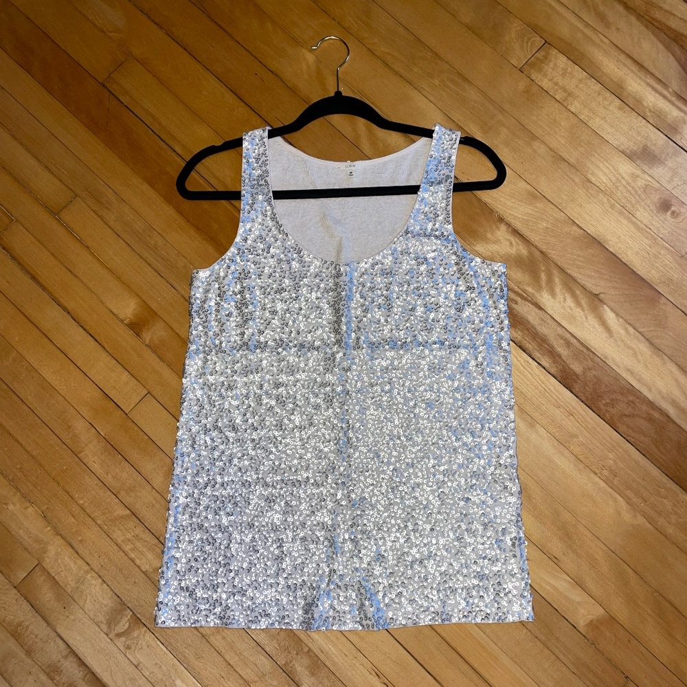 J. Crew Sequin Tank Top Sparkle Party Festive Linen Blend Silver Cream M…